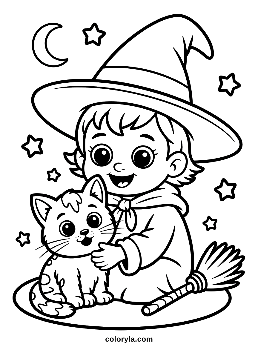 A small girl under a wide pointed hat, a cute Halloween coloring page, petting her cat under the moon.