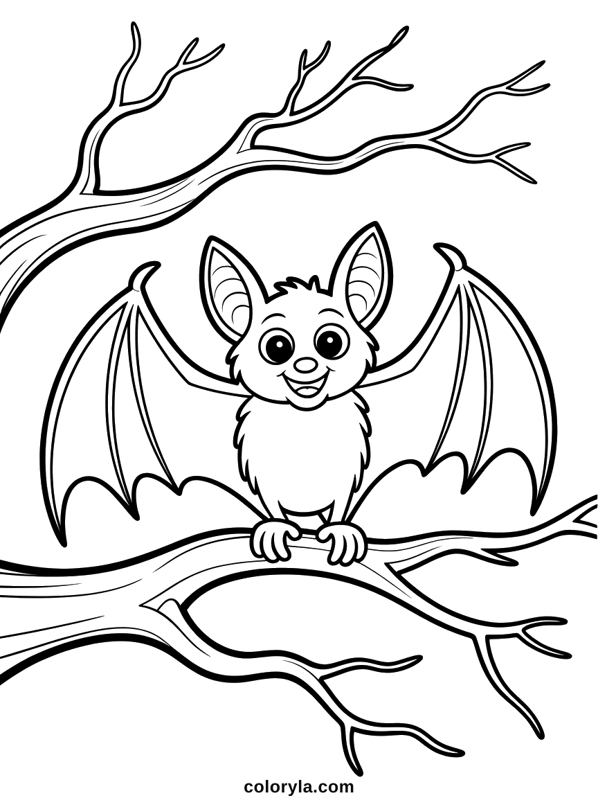 Cute Halloween coloring page: big eyes and a round body perched on a bare branch, free to print on A4.