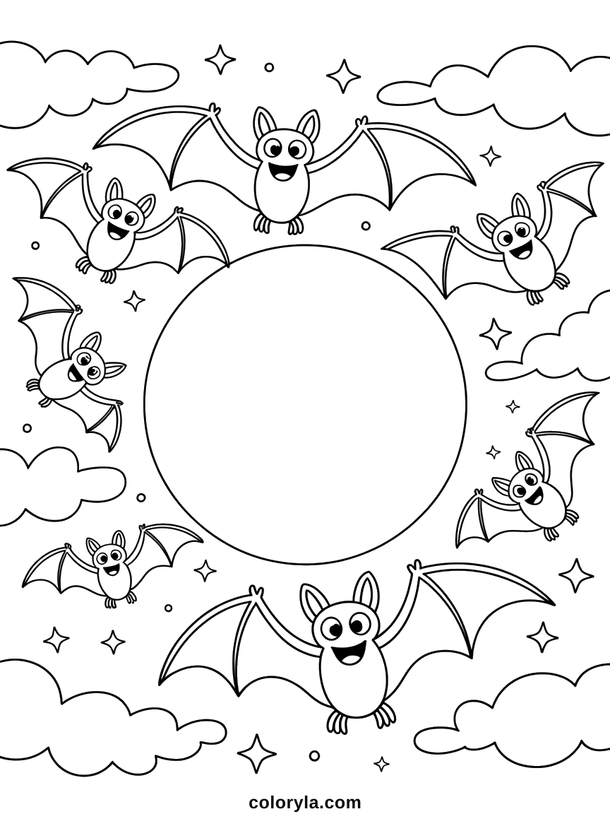 Bats wheeling around a big empty moon: an easy free Halloween coloring page with space to fill, on A4.