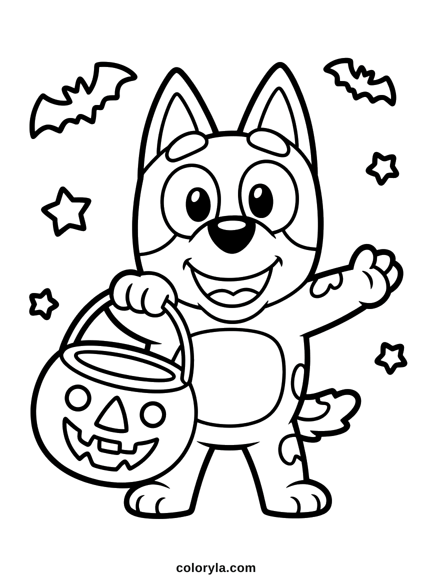 Bluey out trick or treating with a paw on her pumpkin bucket. A free Halloween coloring page on A4 paper.