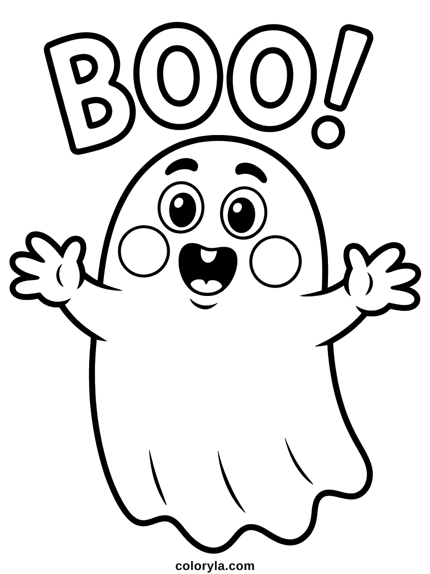A round-cheeked little ghost saying boo at the reader, a cute free Halloween coloring page to print on A4.