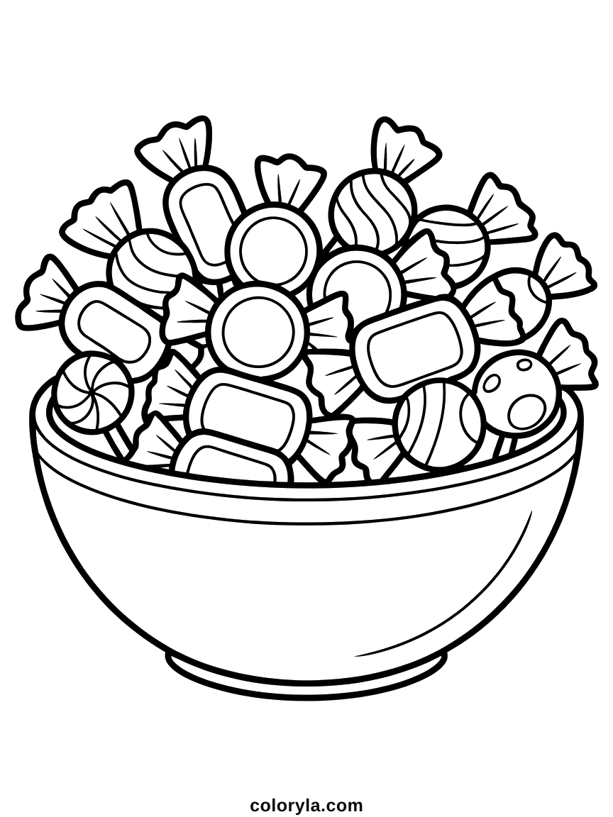 Halloween coloring page for adults: a bowl heaped with sweets, no two papers folded alike, free on A4.