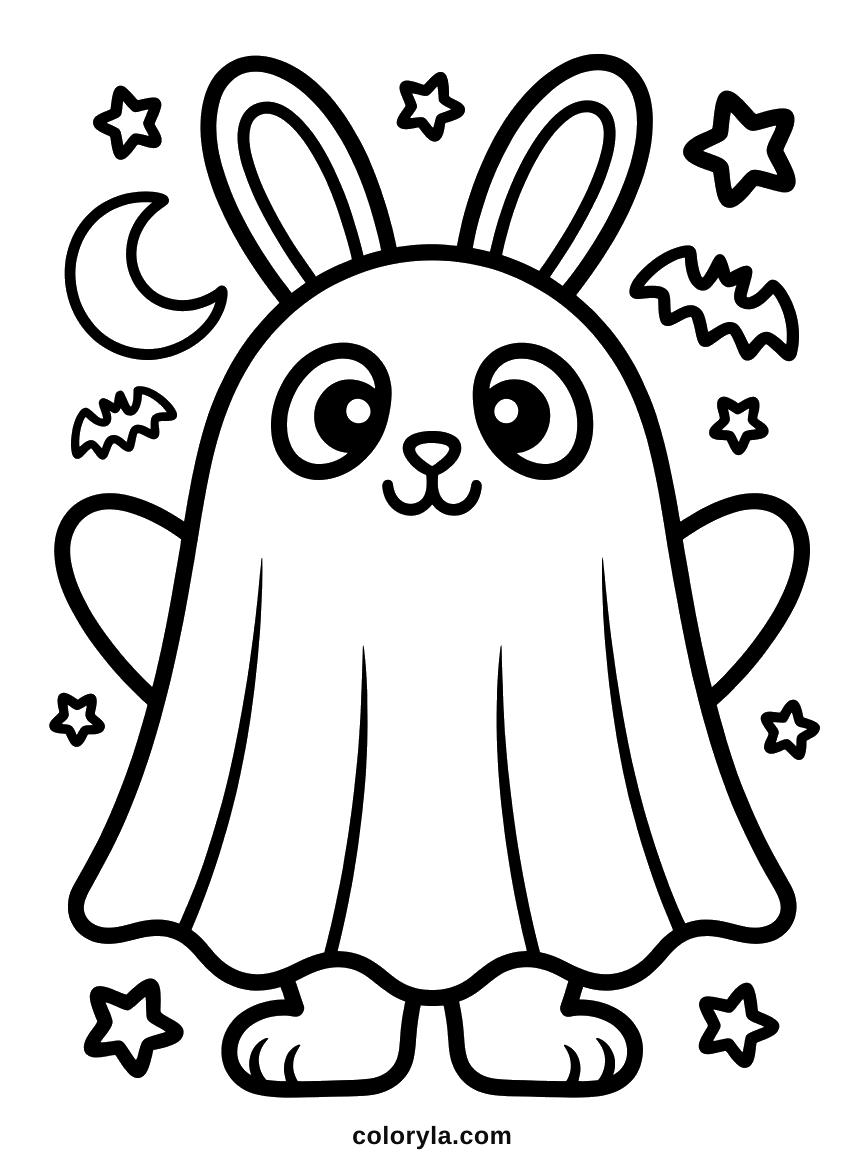 A rabbit under a ghost sheet with two long ears poking out: a free Halloween coloring page to print on A4.