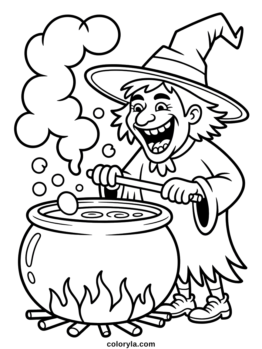 The storybook kind, cackling over a steaming pot, a free spooky Halloween coloring page to print on A4.
