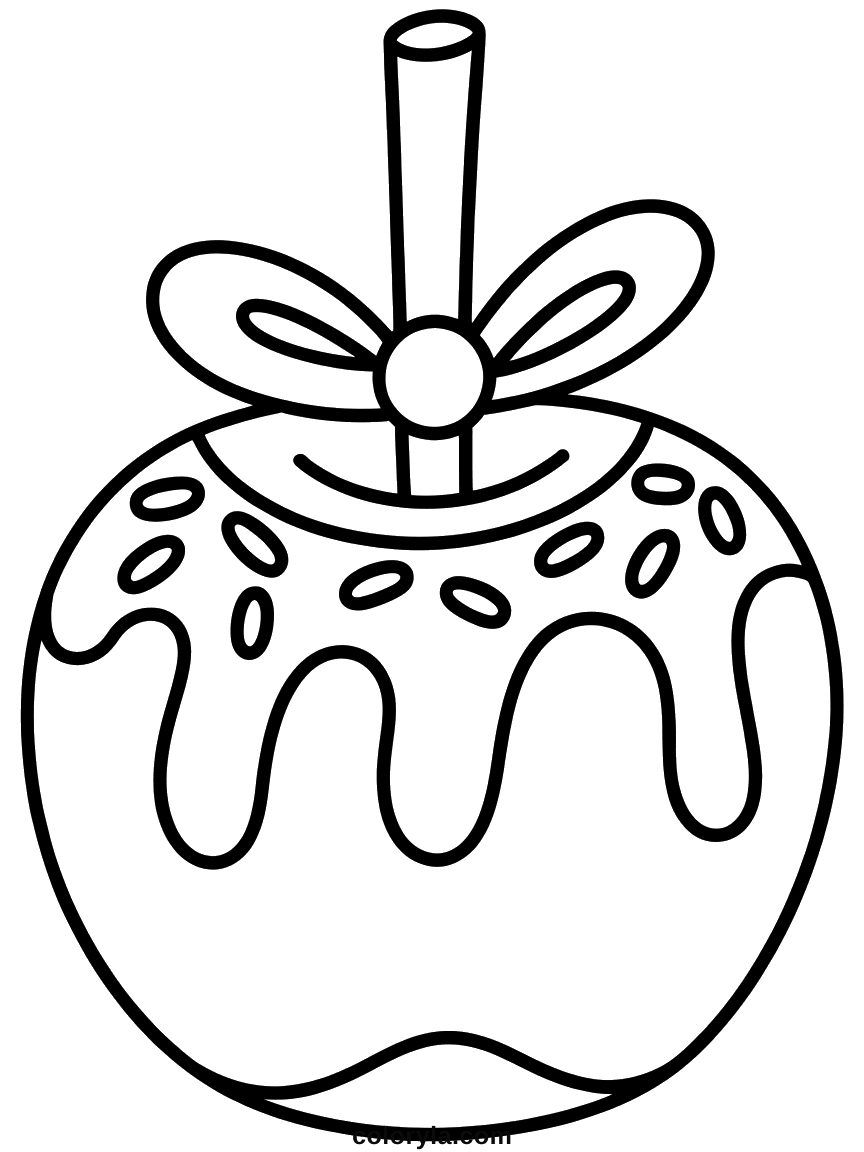 One toffee apple on its stick, the coating stopping in a drip. A free Halloween coloring page on A4 paper.