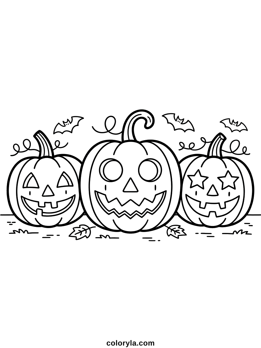 Three carved pumpkins side by side, no two faces cut alike, a free Halloween coloring page to print on A4.