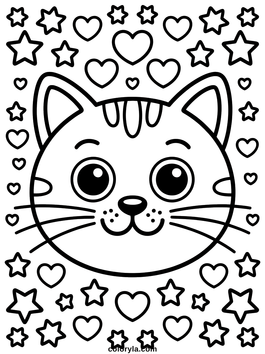 Kawaii Halloween coloring sheet: a big cat face fills the page, whiskers running off both sides, free A4.