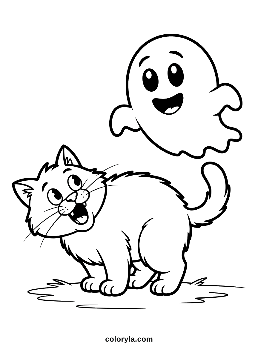 A black cat hissing at a ghost that is not bothered: a funny free Halloween coloring page to print on A4.