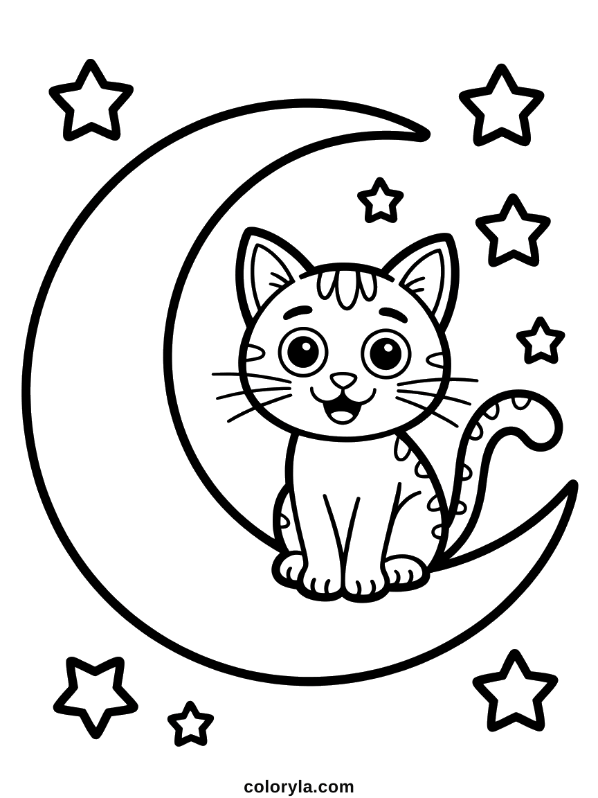 A black cat on a crescent moon with its tail hanging over the lower horn, a free Halloween coloring page.