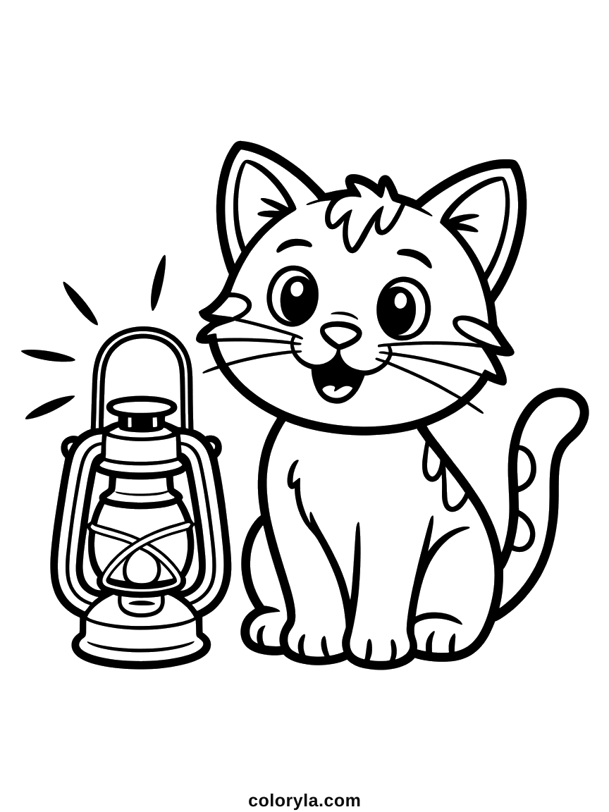 A cat sitting beside a lit lantern in the dark. A cute free Halloween coloring page for children on A4.
