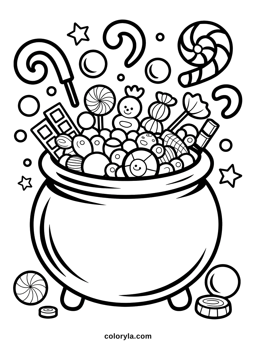 A cauldron piled with sweets and a gummy figure climbing out, a free Halloween coloring page to print on A4.
