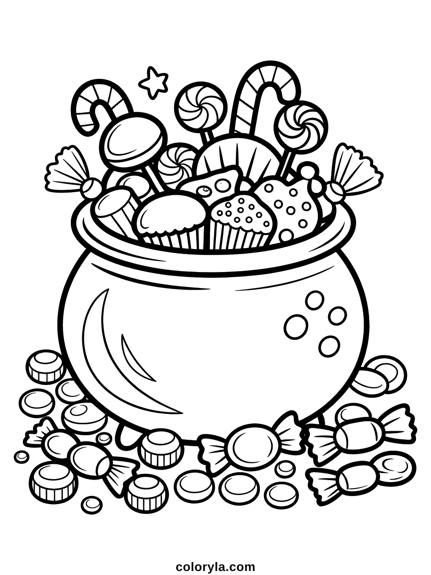 Halloween coloring page for adults: as many sweets spilled around the cauldron as piled inside, free on A4.