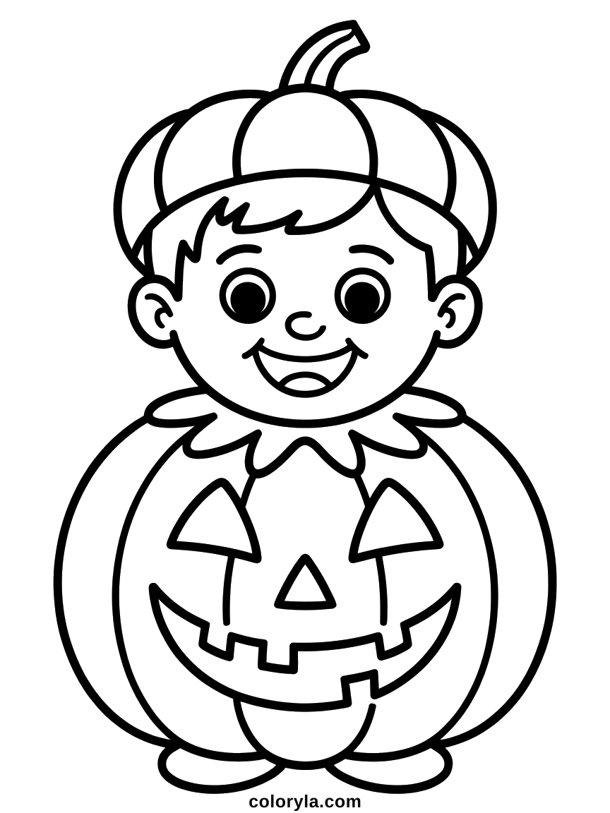 A child in a pumpkin costume with the hood pushed back: an easy free Halloween coloring page to print on A4.