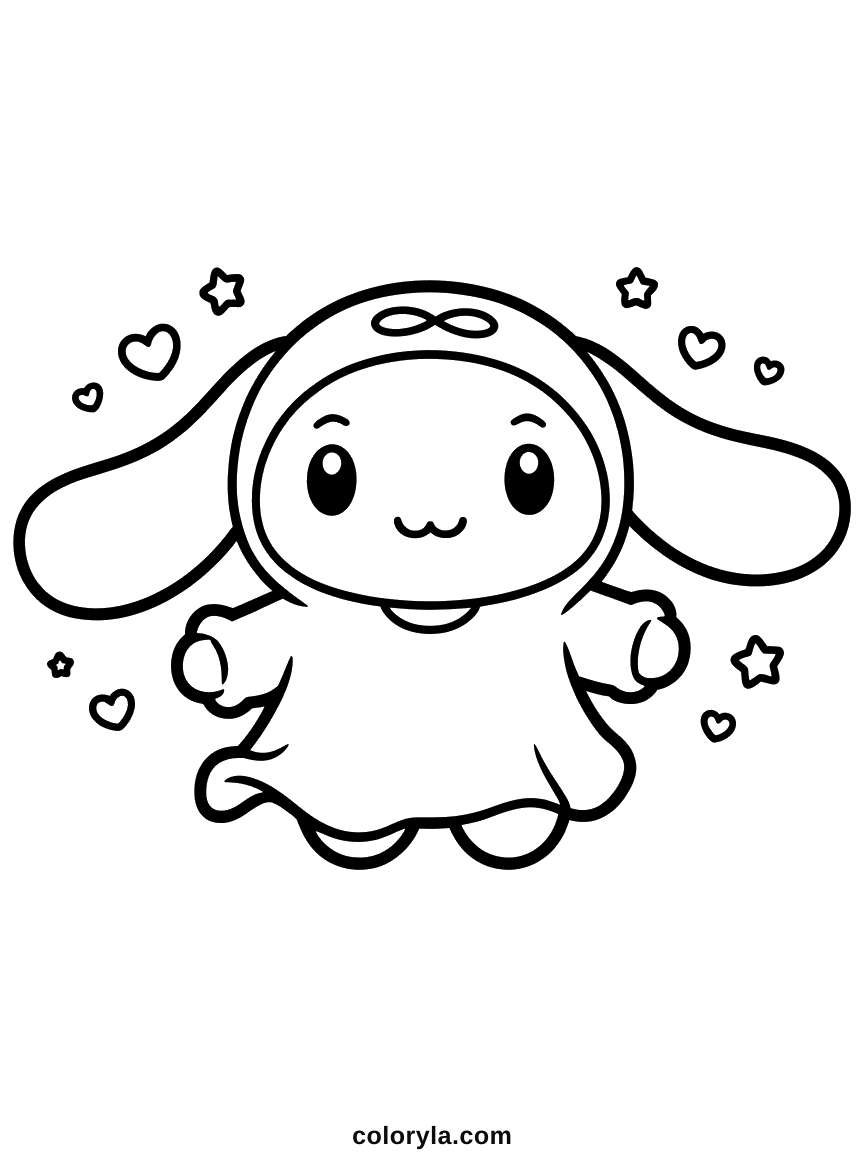 Cinnamoroll under a ghost sheet, ears far too long to fit, a kawaii Halloween coloring page for kids.