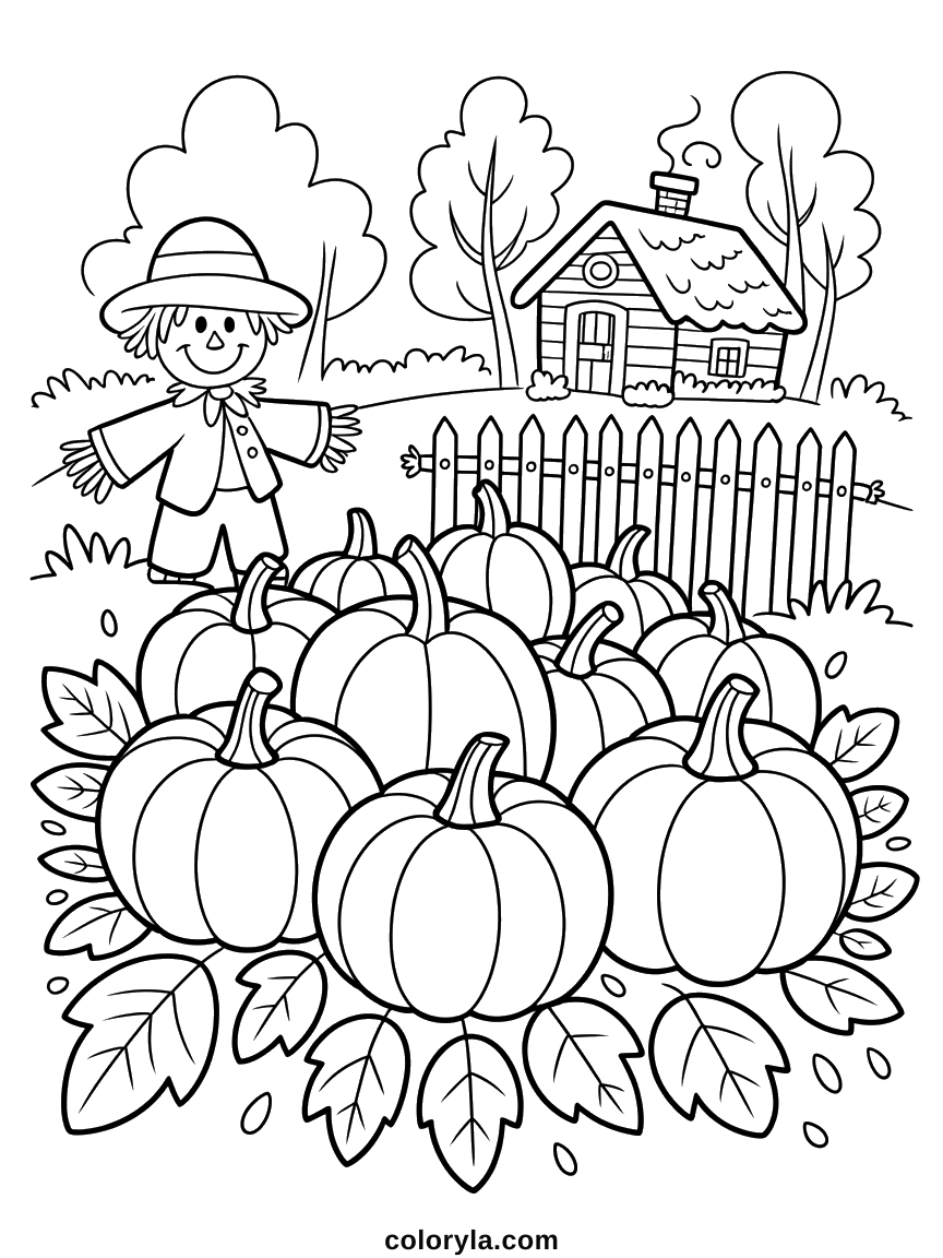 Pumpkins, gourds and fallen leaves, nothing carved. A free autumn Halloween coloring page for adults on A4.