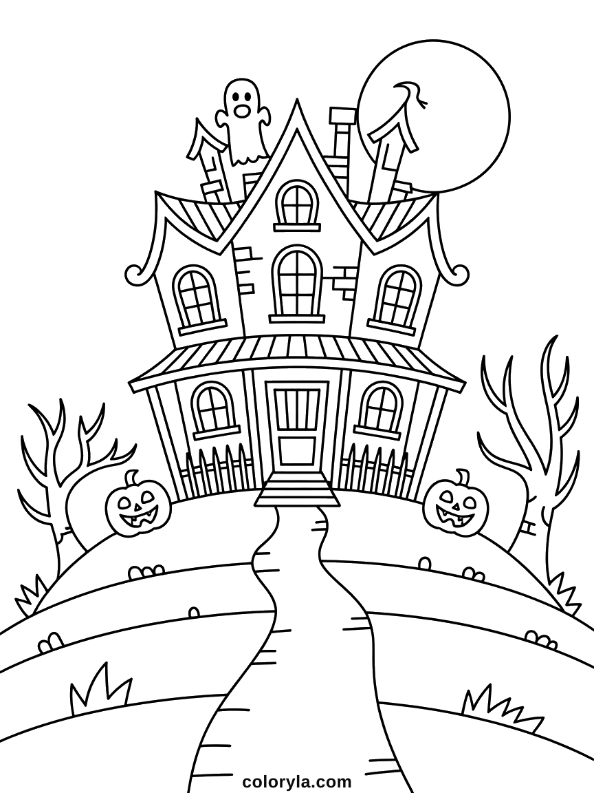 A crooked mansion on a hill, not one line quite straight, a free spooky Halloween coloring page on A4.