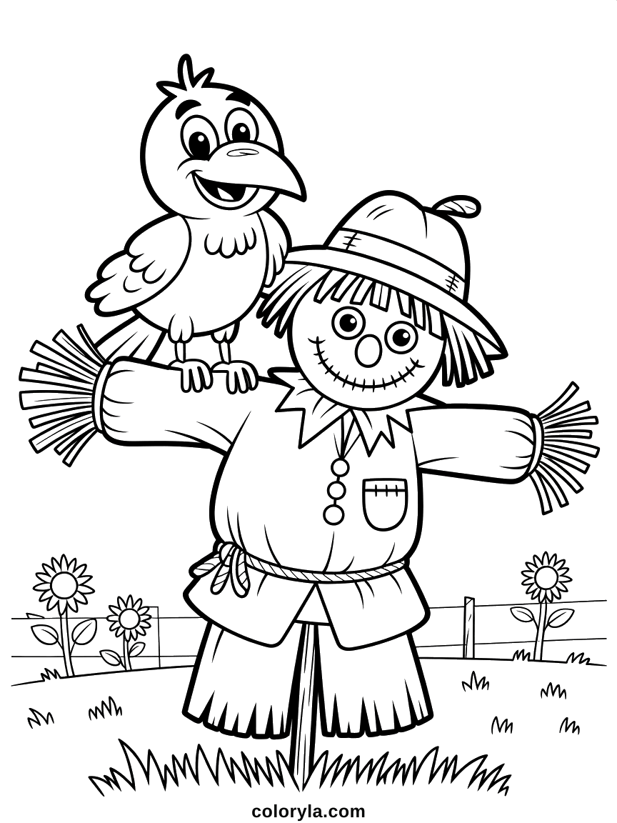 Autumn Halloween coloring page: a crow on the one perch in the field built to keep it away, free on A4.