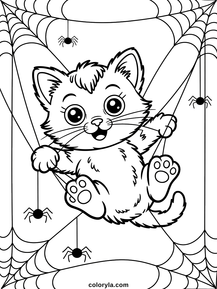 A kitten on its back in the cobwebs and pleased about it: a cute free Halloween coloring page on A4 paper.