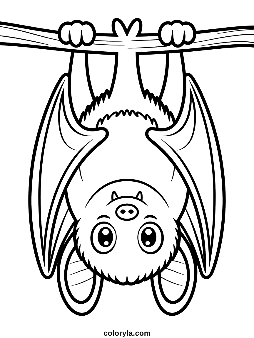 A small round bat hanging upside down, ears included, a free kawaii Halloween coloring page to print on A4.
