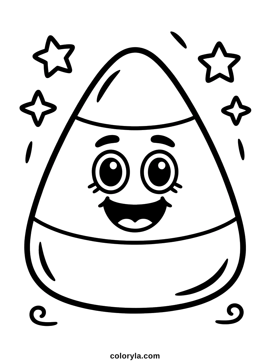 One smiling candy corn, three bands wide. A cute and easy free Halloween coloring page to print on A4 paper.