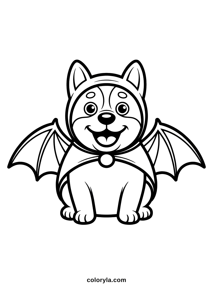 A dog in a bat costume with his real ears pushing at the hood, a free kawaii Halloween coloring page on A4.