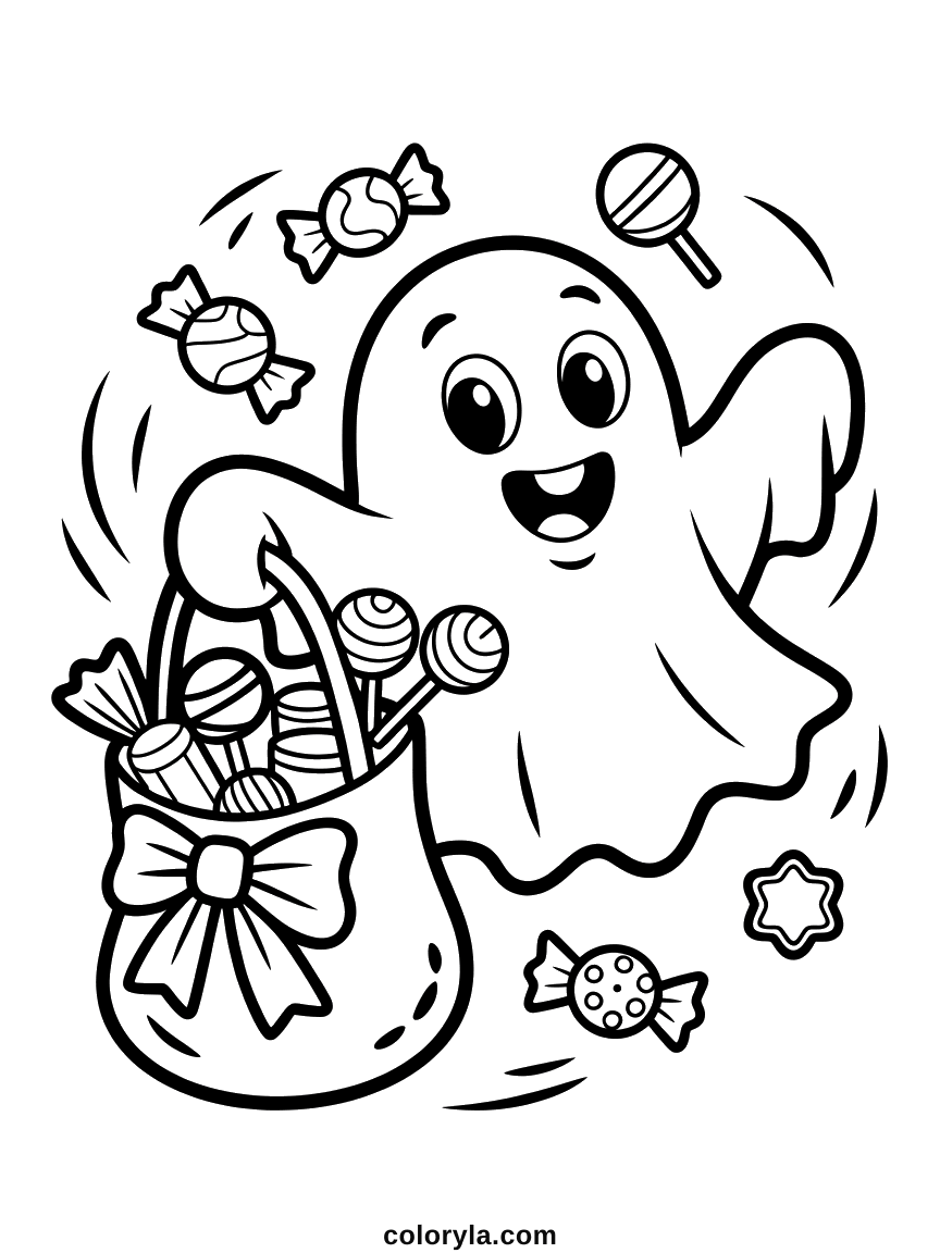 A smiling little ghost drifting off with a candy bag, a cute free Halloween coloring page for kids on A4.