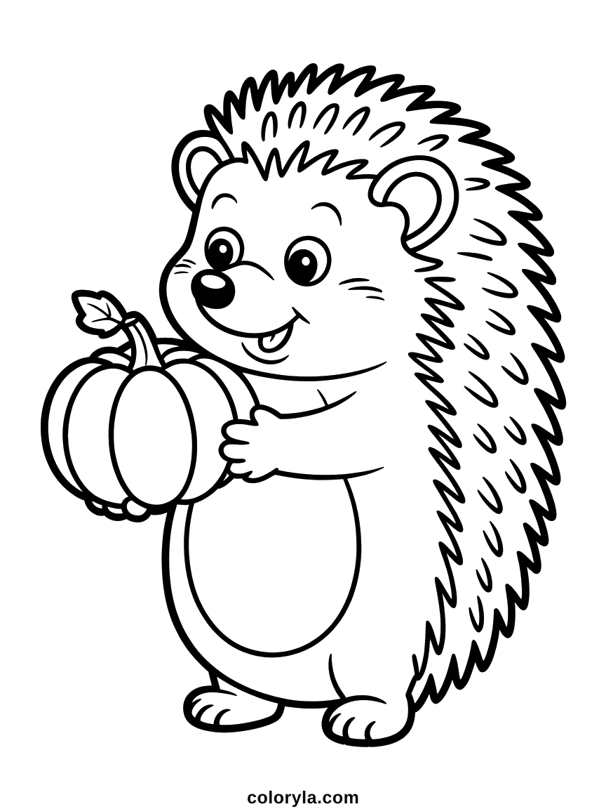 Cute Halloween coloring page: a hedgehog holding a tiny pumpkin with spines all down its back, free on A4.