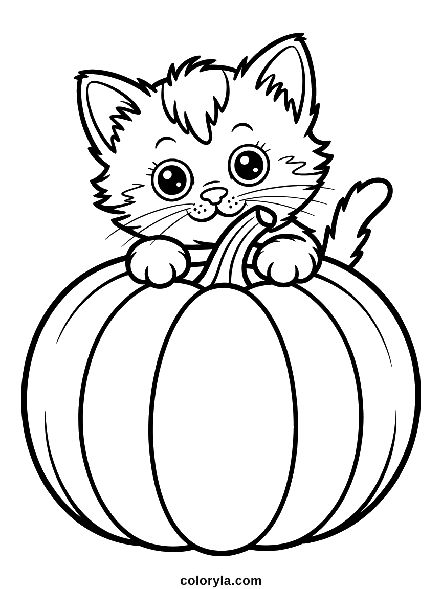 A kitten peeking out of a hollowed pumpkin with big empty panels below: a free Halloween coloring page on A4.