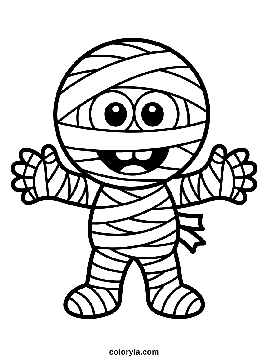 A small mummy with one wrapping come loose at the hip, a free Halloween coloring page for kids on A4 paper.