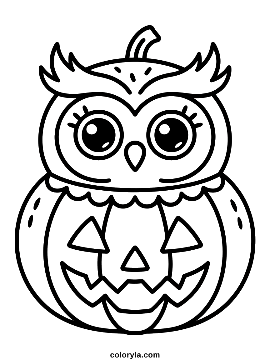 A round owl in a pumpkin costume with two huge eyes. A cute free Halloween coloring page for kids on A4.