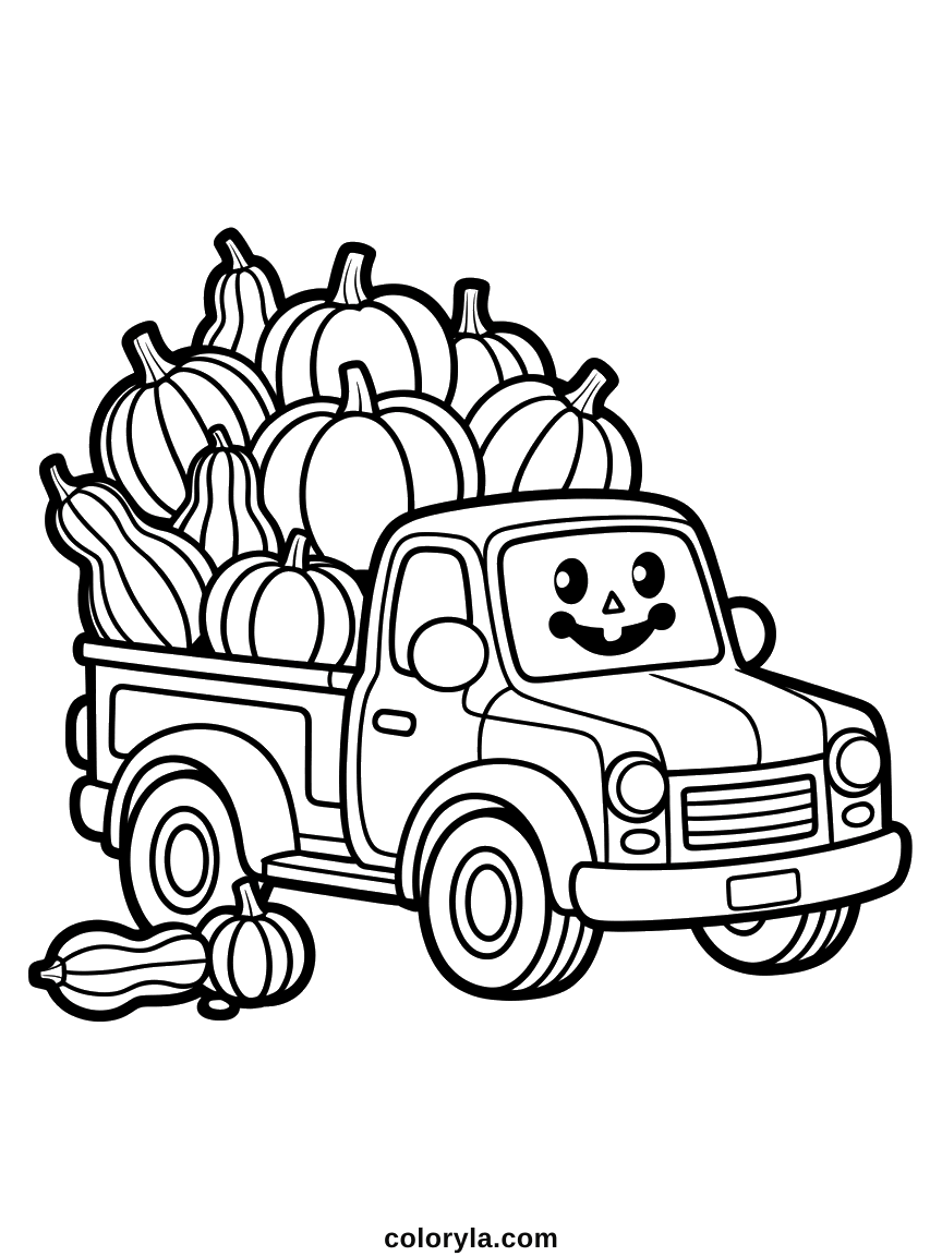 A little truck loaded with gourds, its face on the windscreen, a free autumn Halloween coloring page on A4.