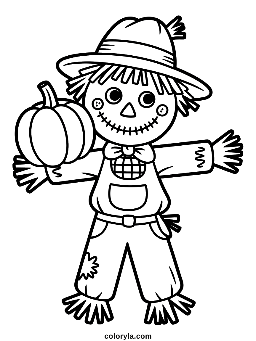 Autumn Halloween coloring page for kids: a scarecrow with button eyes holding a pumpkin, free on A4 paper.