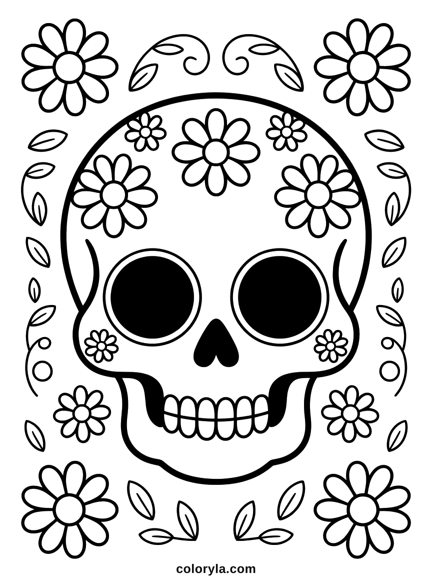 A sugar skull with flowers filling every socket: a free Halloween coloring page for adults to print on A4.