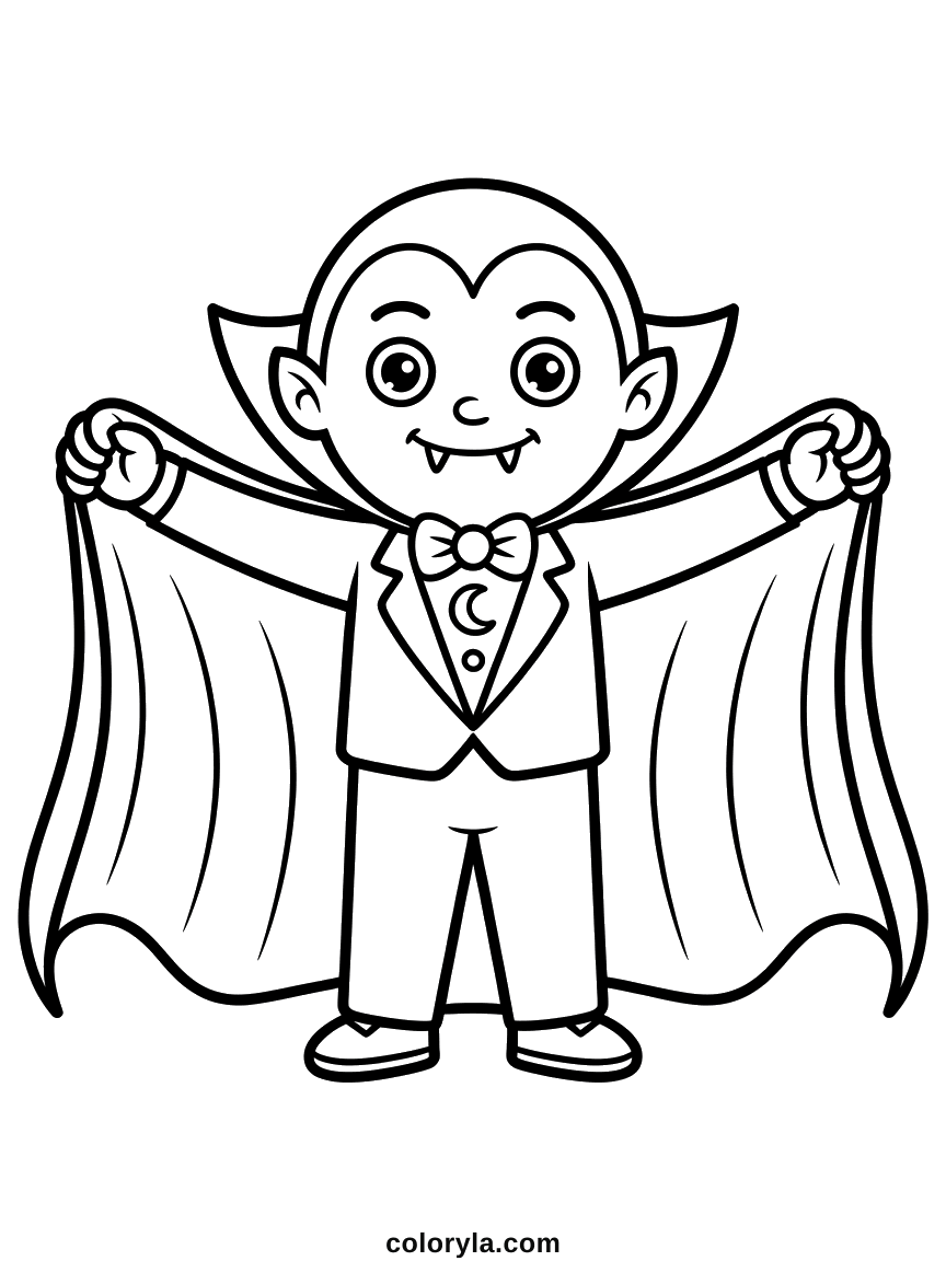 In a flowing cape with two tiny fangs showing. A free Halloween coloring page for kids to print on A4.