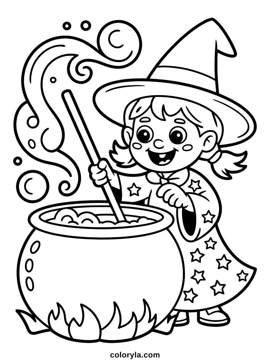 A little witch stirring her bubbling cauldron: a cute Halloween coloring page free to print at home on A4.