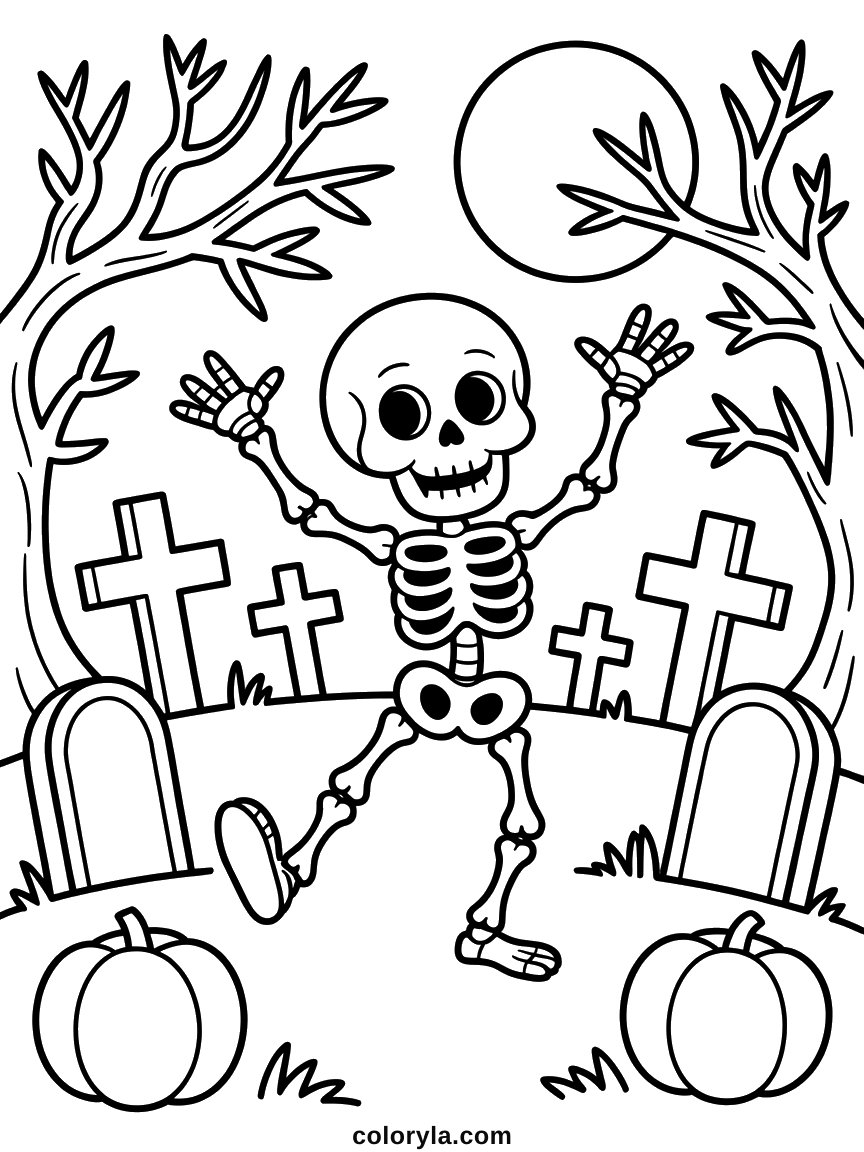 Spooky Halloween coloring page: arms up and one leg kicked out between the headstones, free on A4 paper.