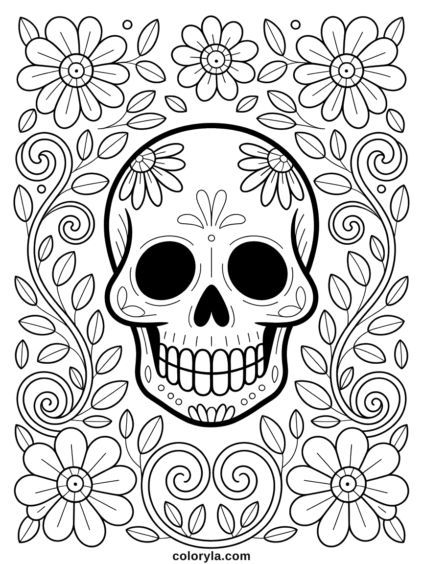 A skull framed by floral swirls, a hundred separate shapes: a free Halloween coloring page on A4 paper.