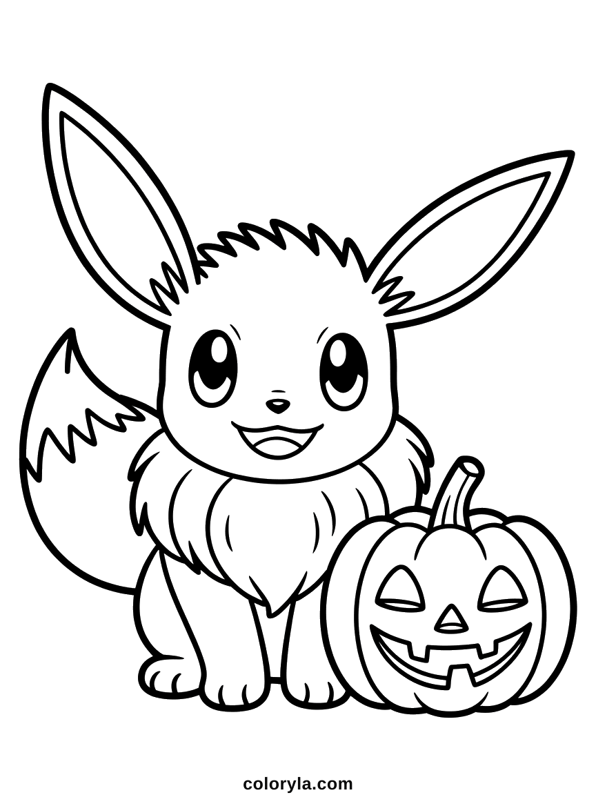 Eevee sitting beside a carved pumpkin with its ruff drawn in tufts, a cute free Halloween coloring page.