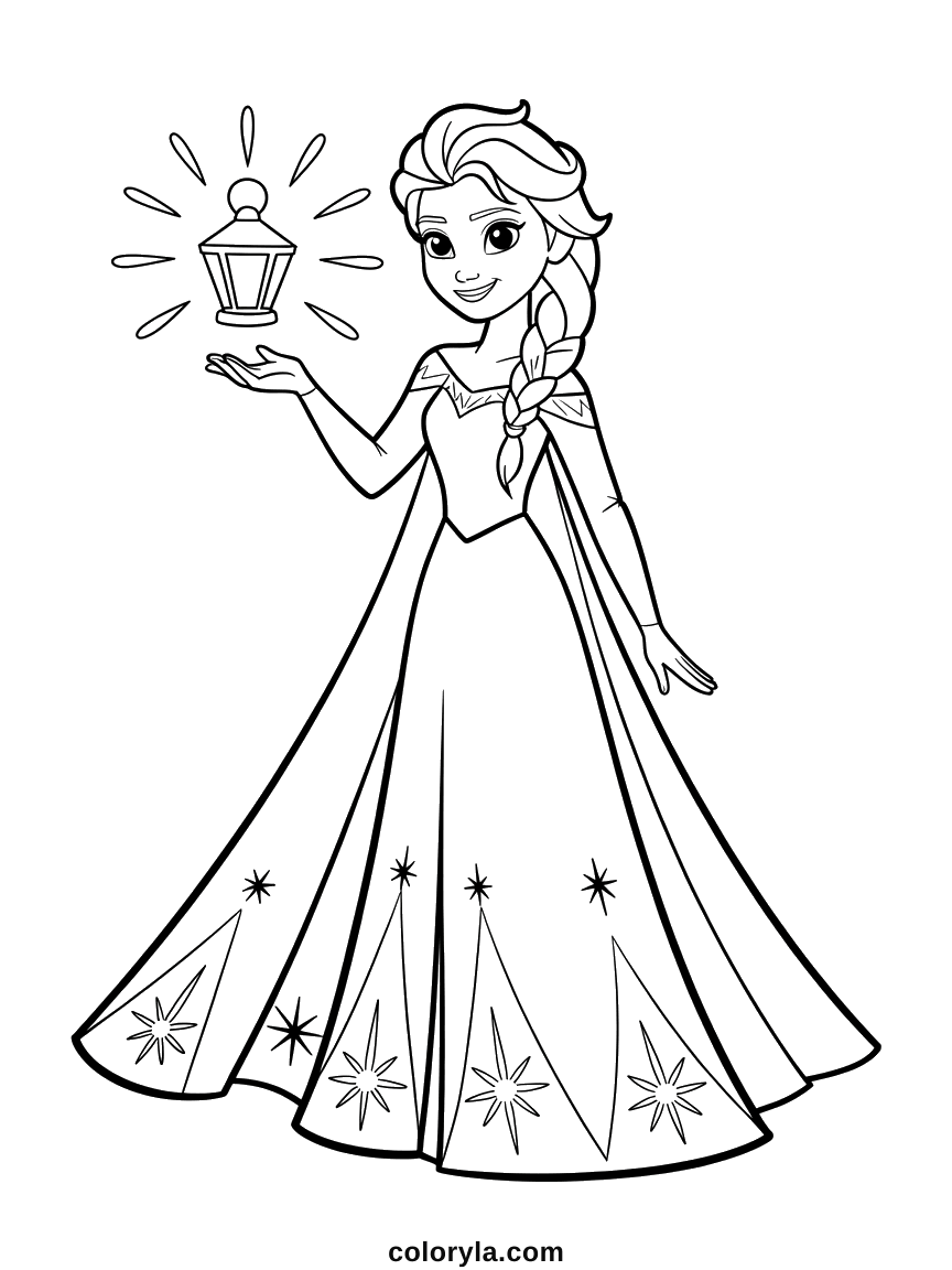 Halloween coloring page to print: Elsa in a long gown with a lantern above her open hand, free on A4.
