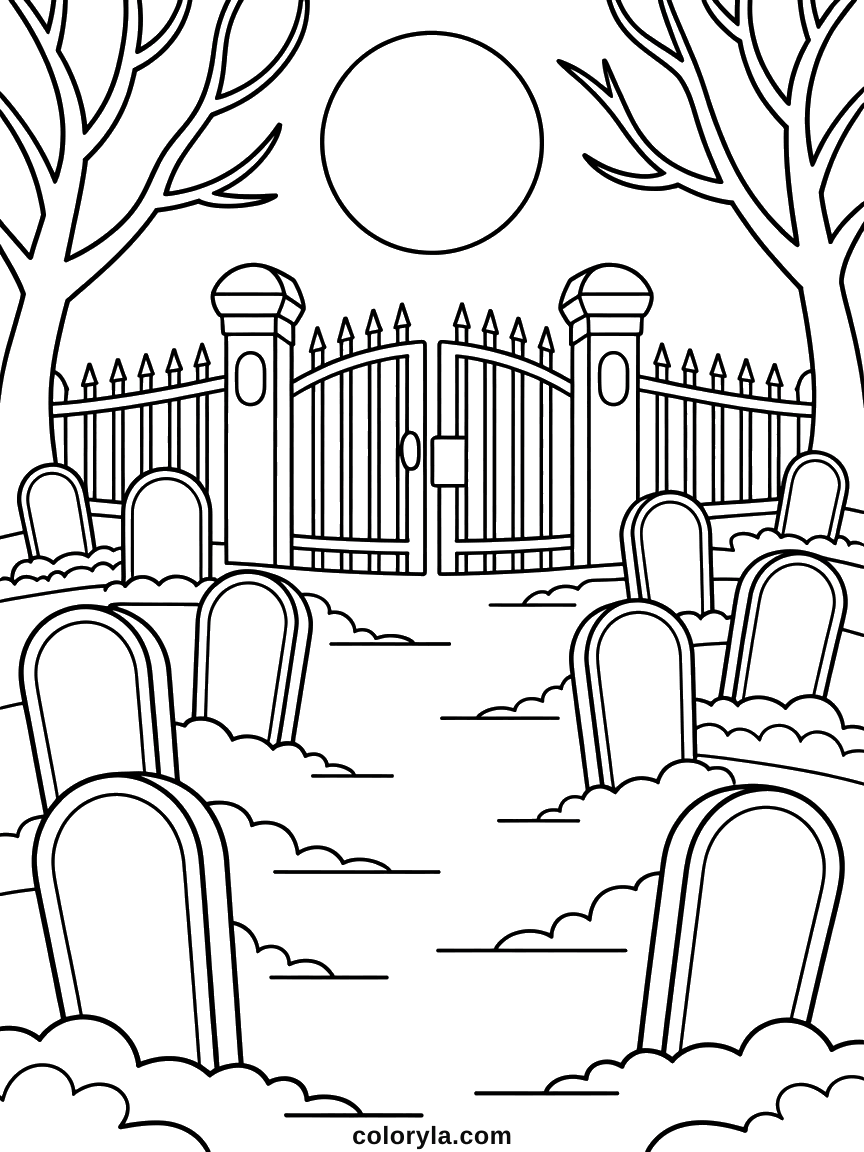 Headstones shrinking away towards iron gates so the fog has depth: a free Halloween coloring page on A4.