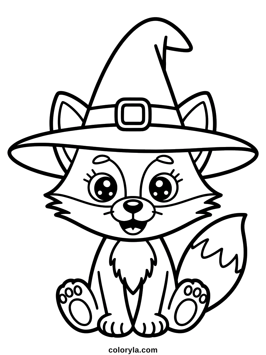 A fox under a witch hat whose brim reaches past both ears, a kawaii Halloween coloring page for kids.