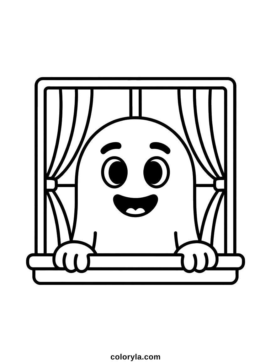 A little ghost at a window with both hands on the sill, a free kawaii Halloween coloring page on A4.