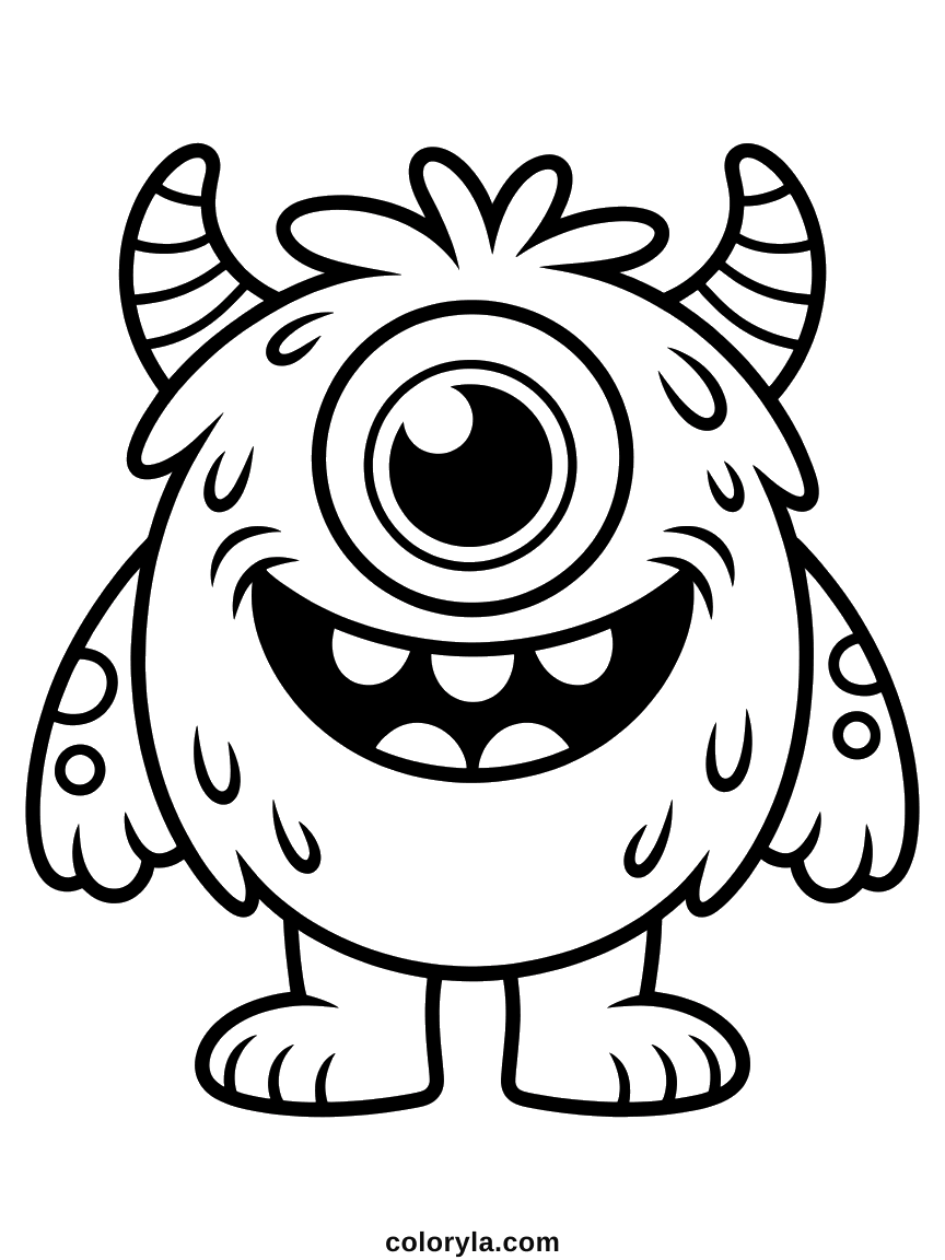 Easy Halloween coloring page: a one-eyed monster whose grin runs the full width of its body, free on A4.