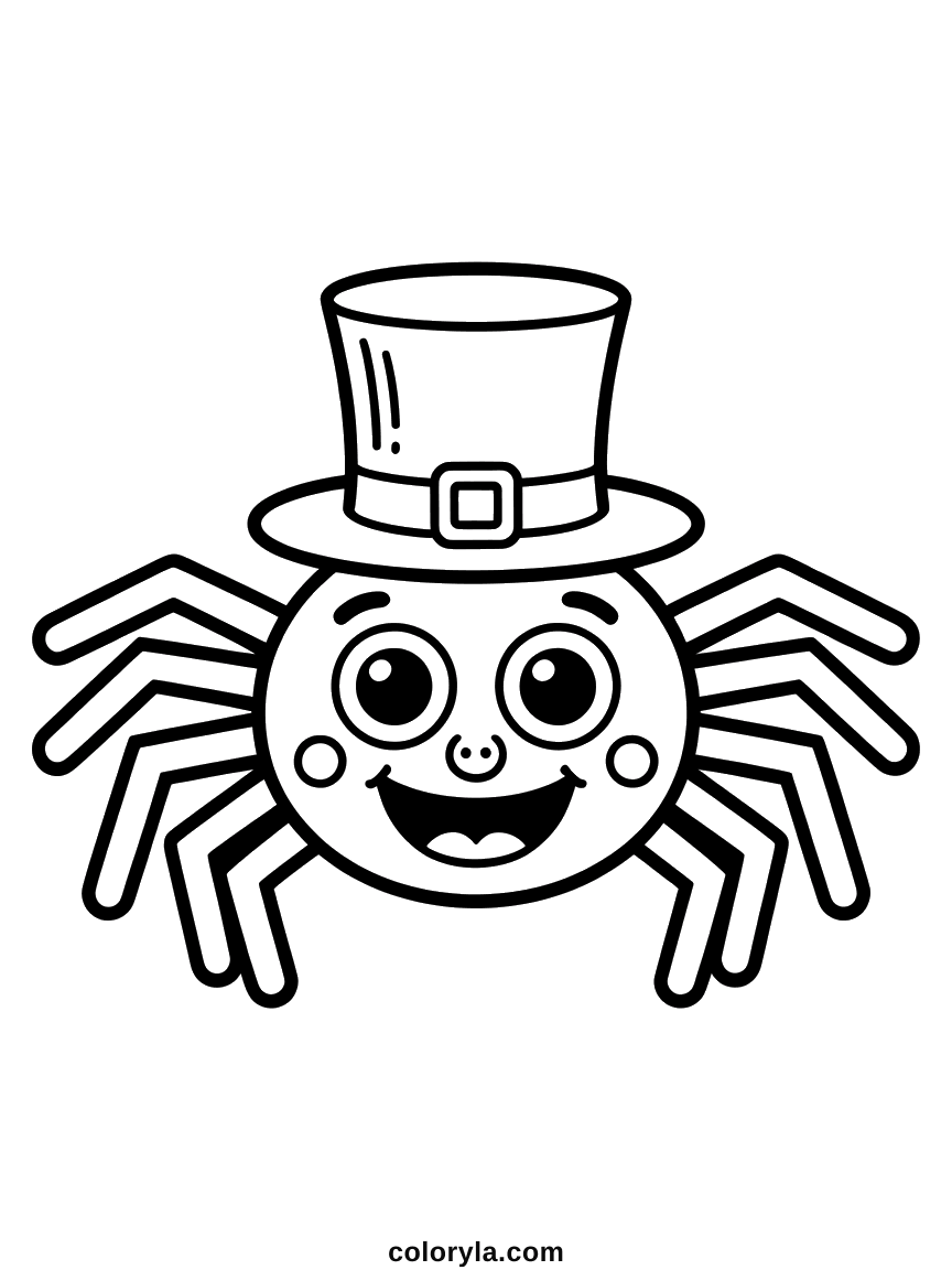 A spider that has dressed for dinner in a top hat: a cute free Halloween coloring page to print on A4.
