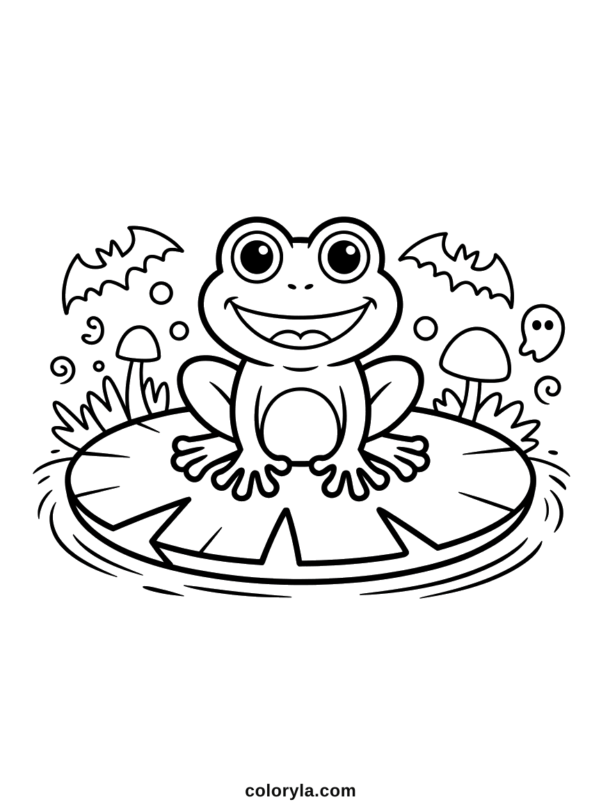 An ordinary frog on a lily pad having an ordinary evening, a gentle Halloween coloring page to print.