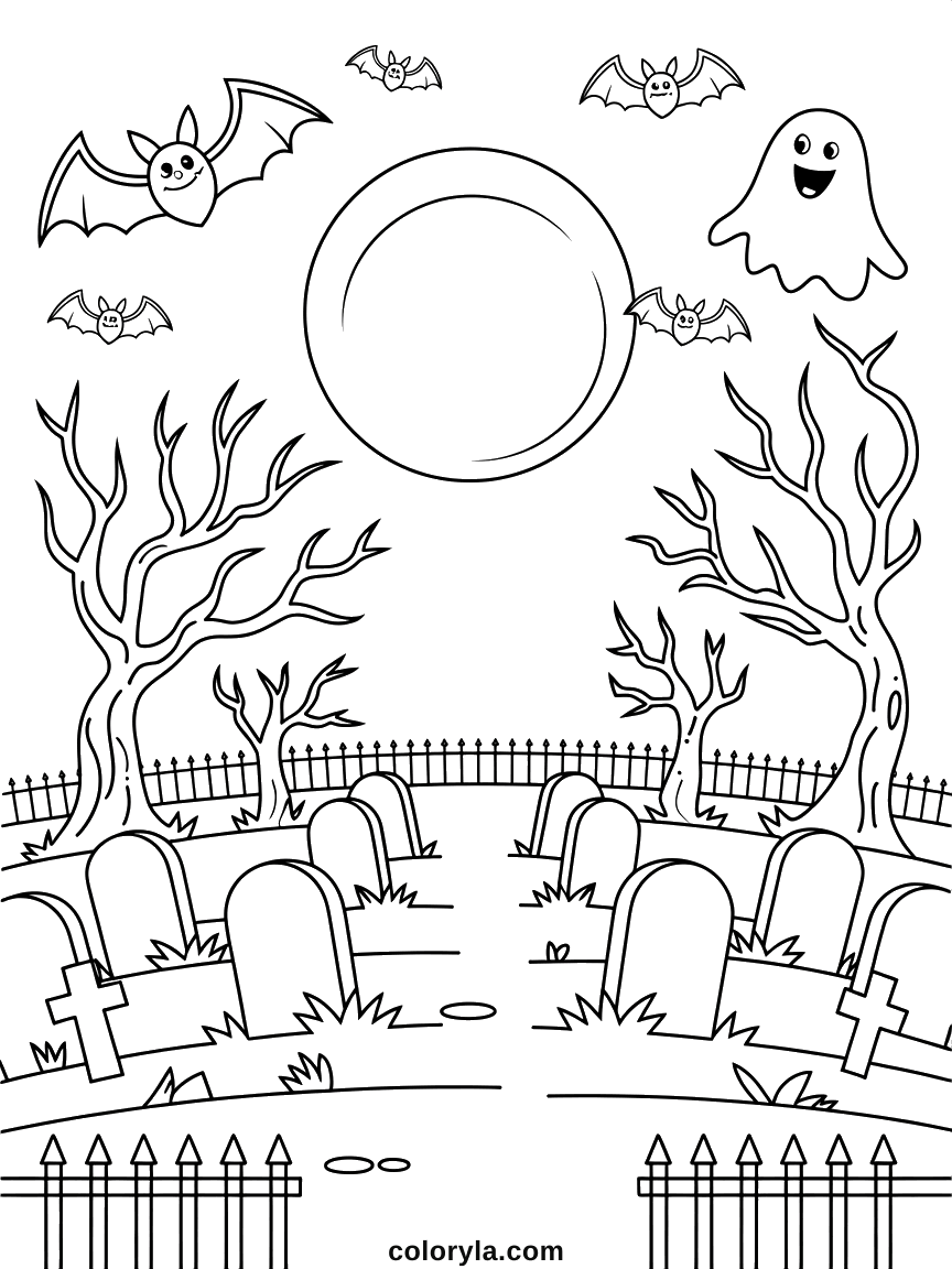 A full moon over a fenced cemetery, sky above and ground below. A free spooky Halloween coloring page.