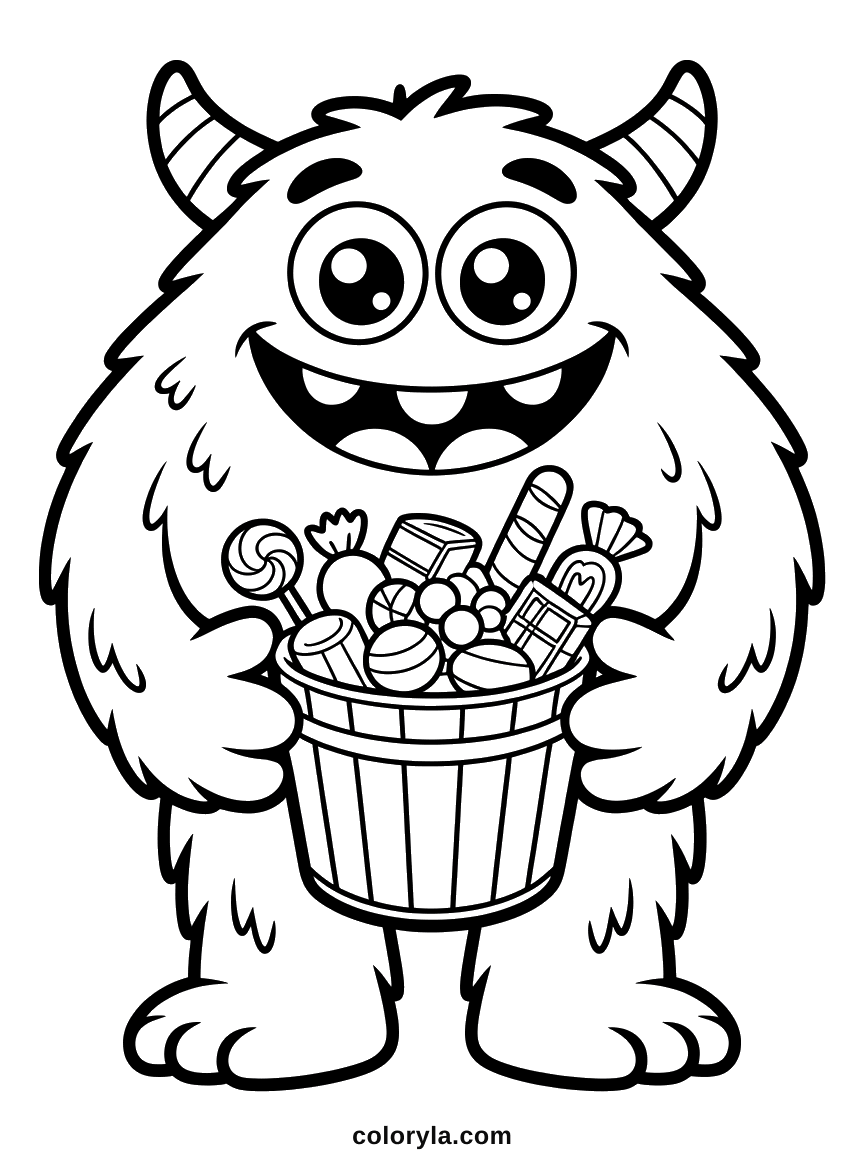 A furry monster with a bucket of about twenty sweets, a free Halloween coloring page for kids on A4.