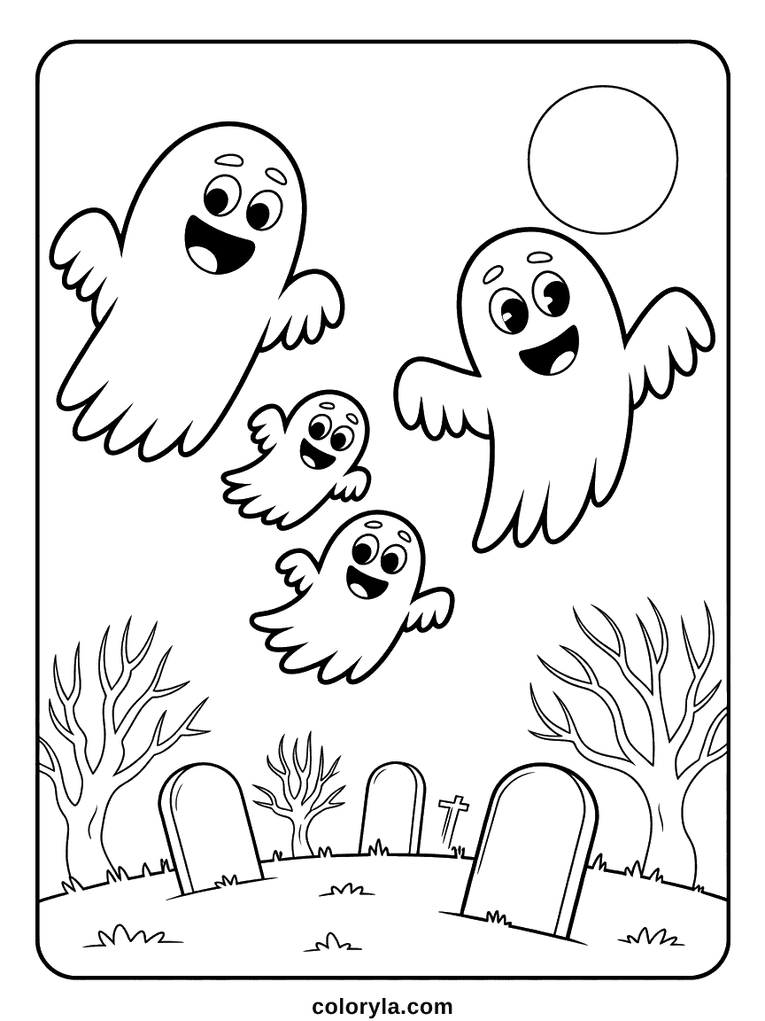 Free Halloween coloring page: four ghosts of four sizes drifting over the headstones, printable on A4.