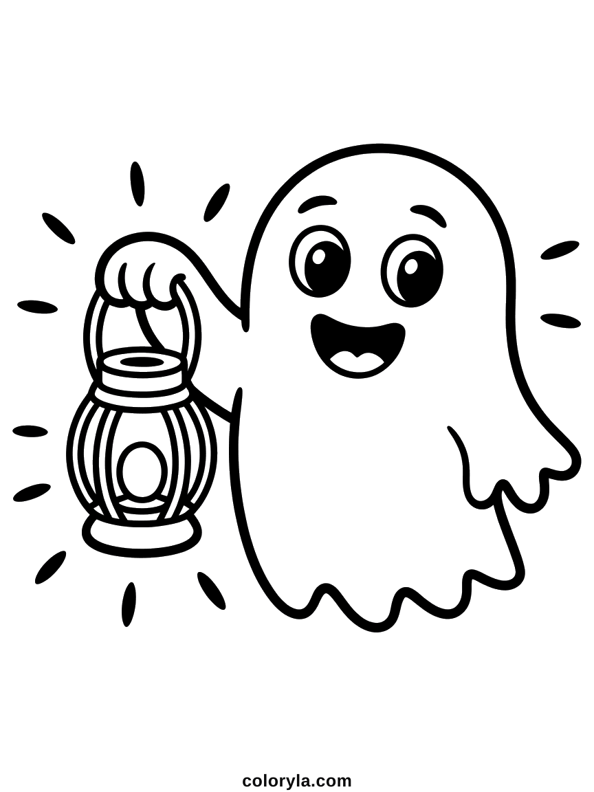The lantern glow spreads further across the page than the lamp does: a kawaii Halloween coloring page.