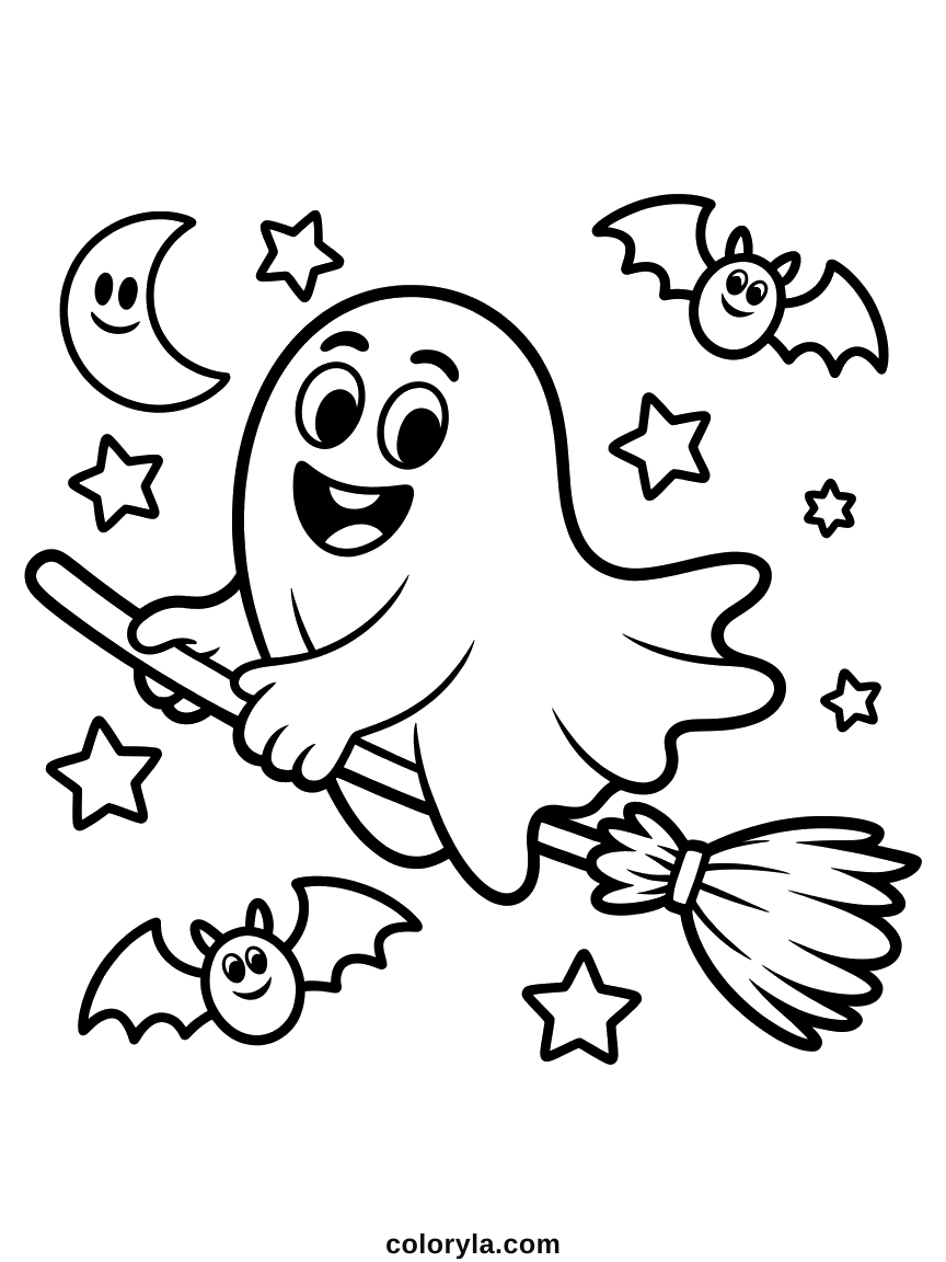 A ghost on a broomstick past a moon that watches him go, a free Halloween coloring page to print on A4.